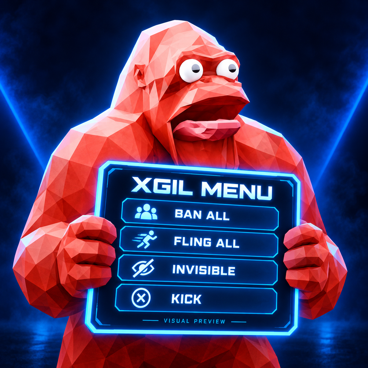 Red low-poly monkey holding a blue XGIL MENU with decorative BAN ALL, FLING ALL, INVISIBLE, and KICK labels